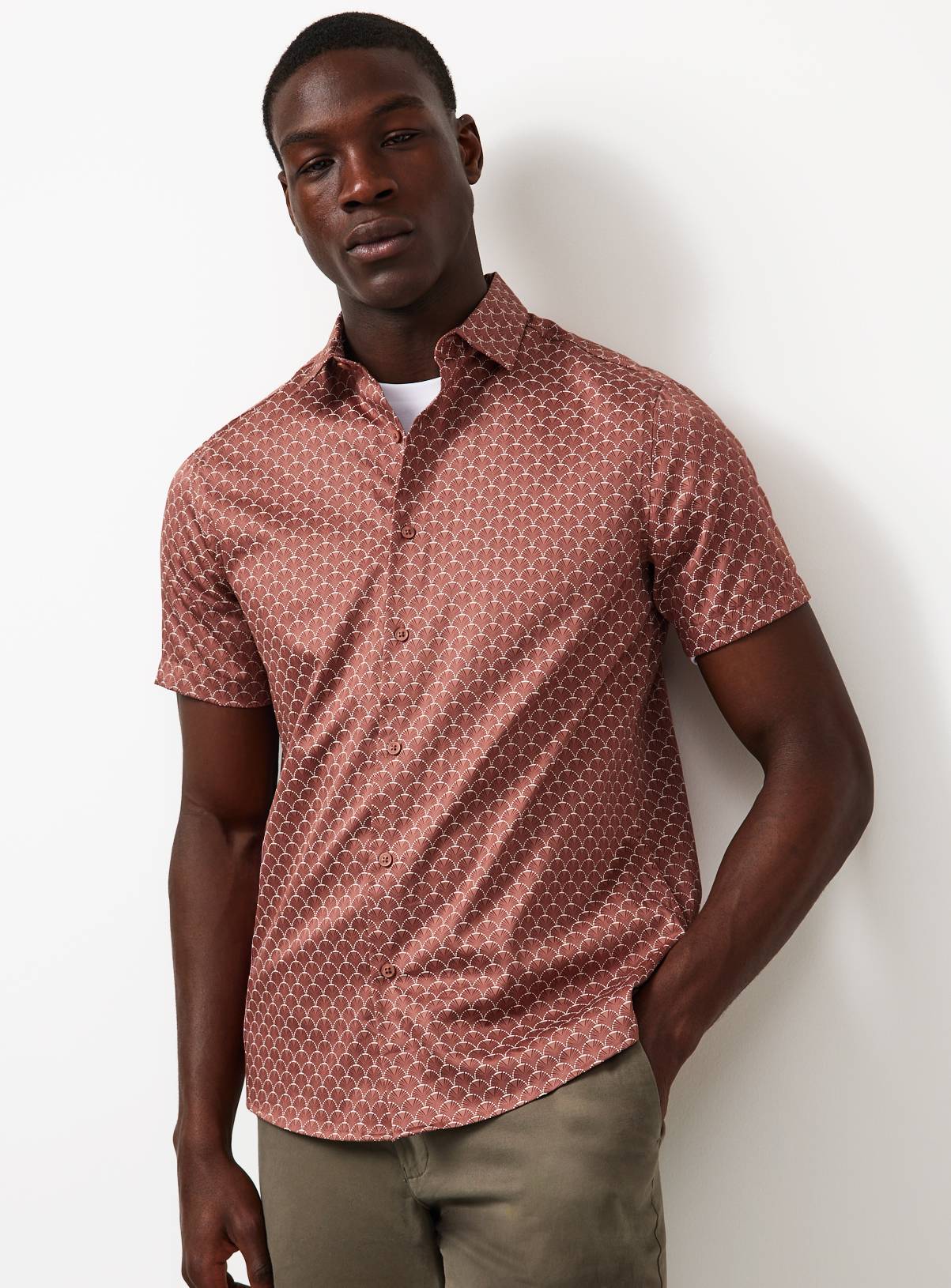 Dark Pink Geometric Print Satin Short Sleeve Shirt XL - Image 1